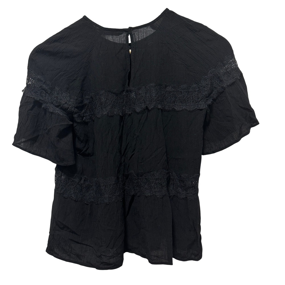 Zara Woman Blouse Womens XS Black‎ Lace Trim Textured Short Sleeve Keyhole Back - Picture 4 of 6